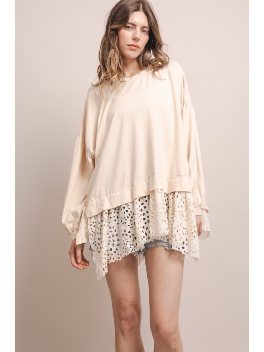 Women's Cream Layered Eyelet Hem Pullover Top